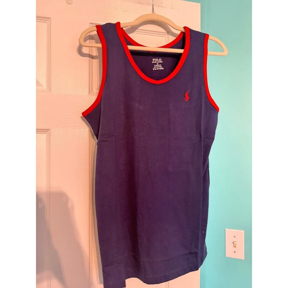 Polo Ralph Lauren Mens Classic Fit Cotton Tank Top Navy Blue Red Ringer